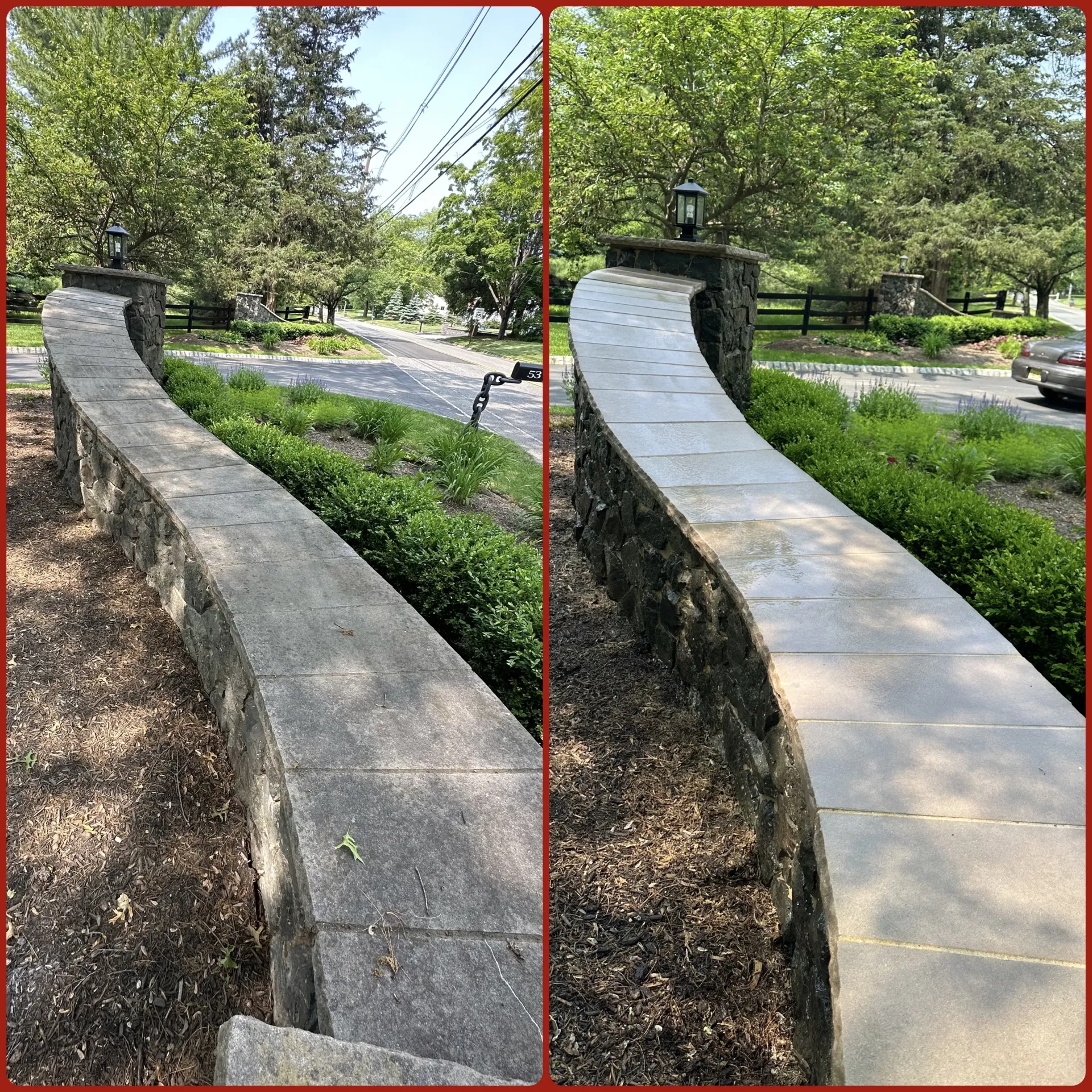 Split view of a curved stone garden wall before and after pressure washing, with trees and a path nearby