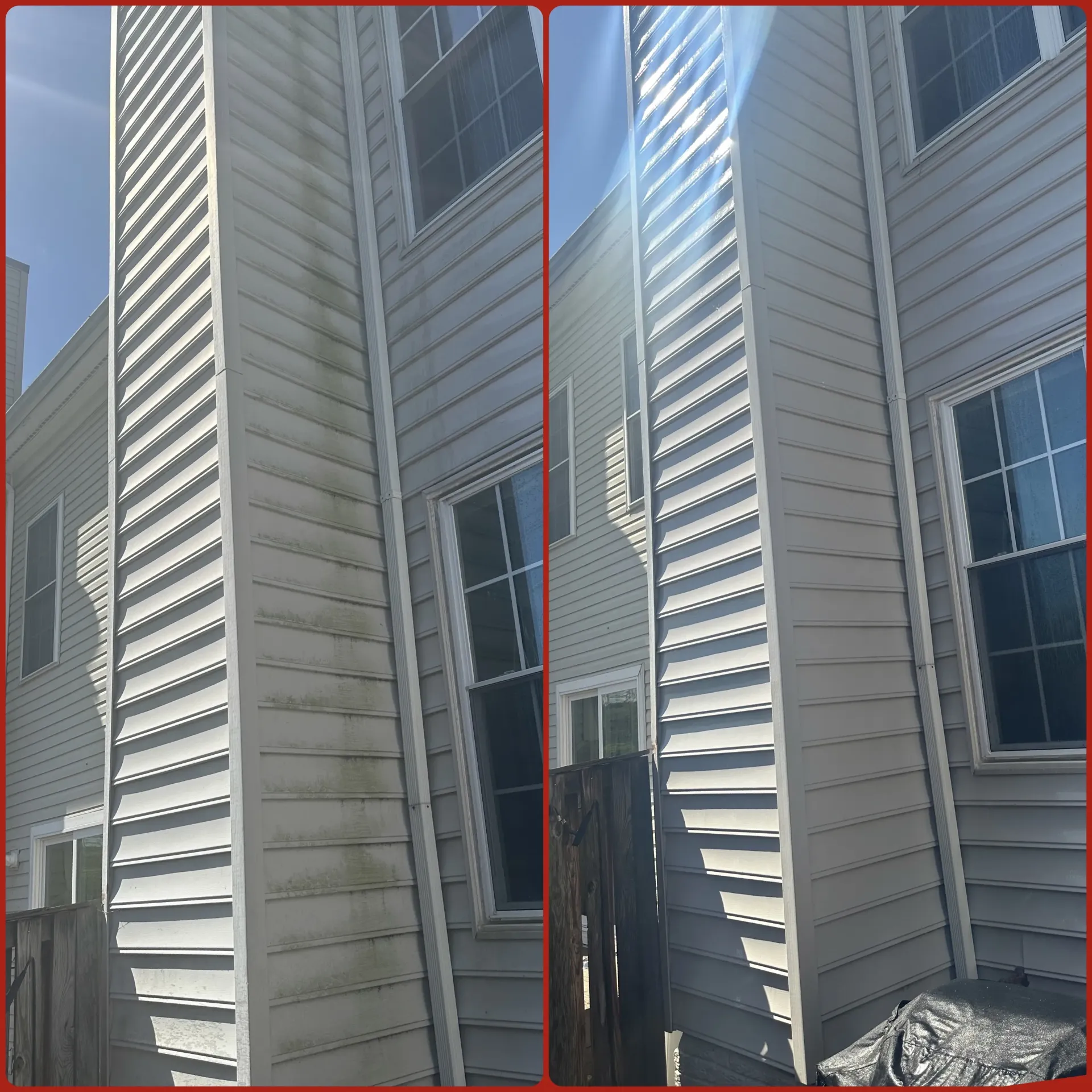Exterior of a house with beige siding, windows, and a narrow side yard in bright sunlight