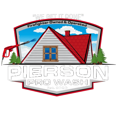 Pierson Pro Wash logo with house, red roof, blue sky, and firefighter-owned banner