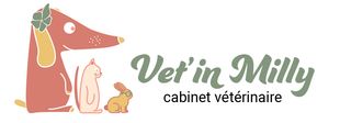 Logo cabinet vétérinaire Vet'in Milly chien, un chat et un lapin.