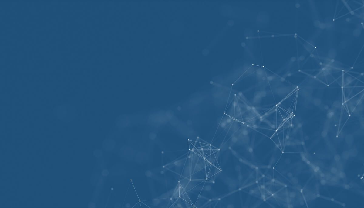 Réseau abstrait de points et de lignes blanches sur fond bleu.