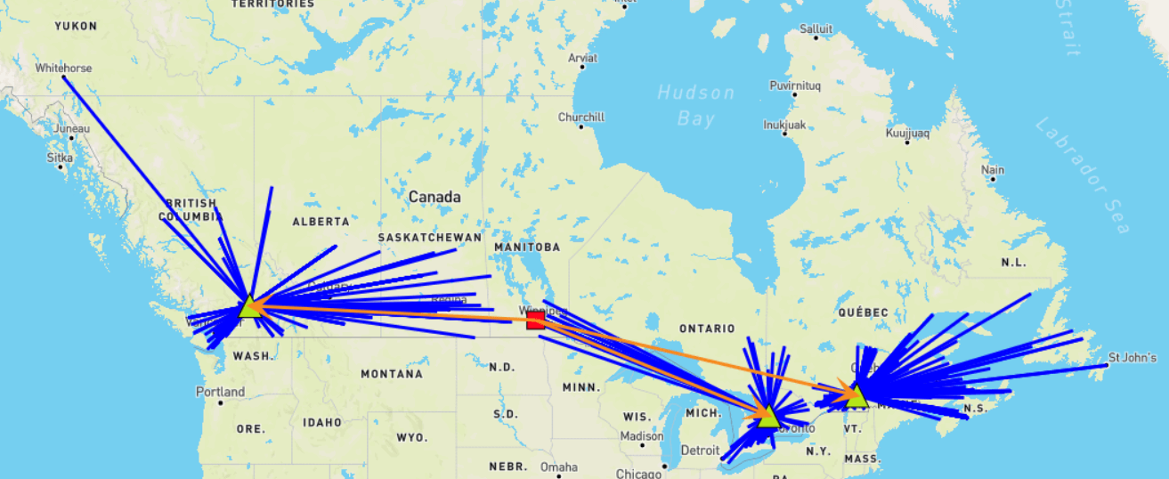 Carte montrant des lignes bleues reliant les villes du Canada.
