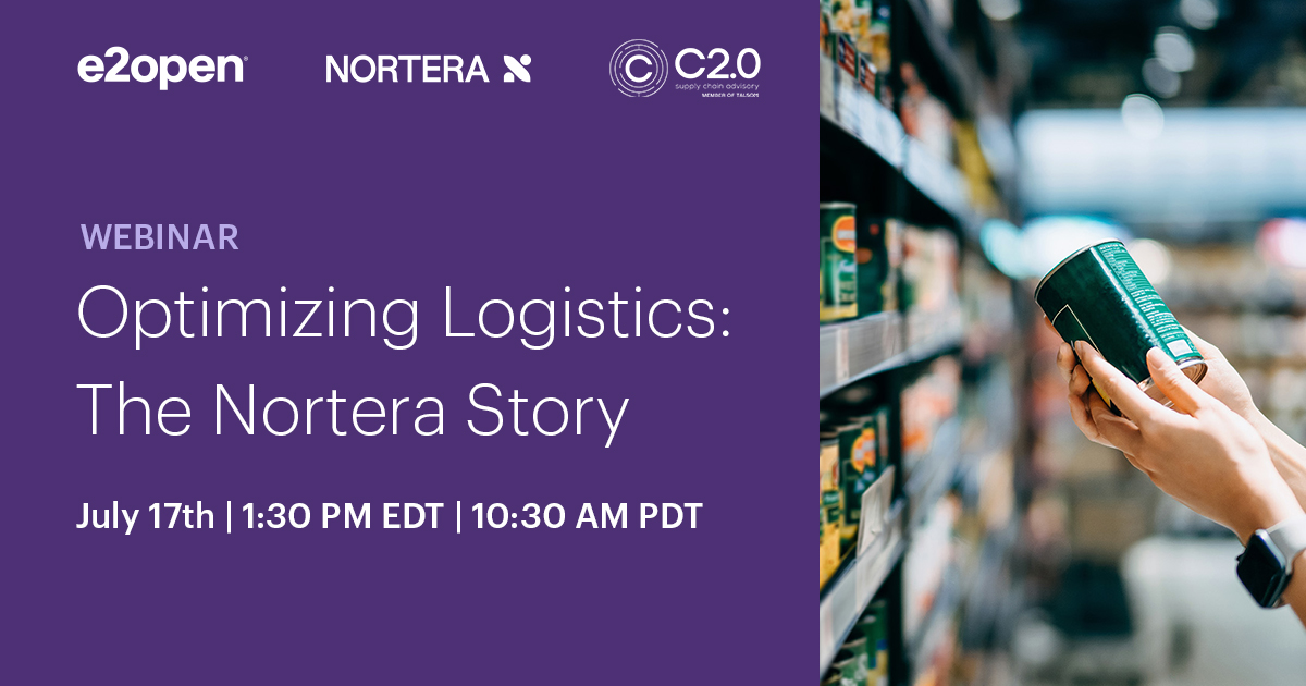 Webinaire : Optimisation de la logistique avec Nortera. 17 juillet, 13h30 HAE. Image d'une main tenant un produit en magasin. Fond violet.