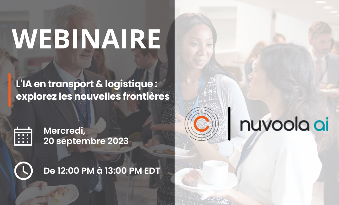 Webinaire sur l'IA dans les transports et la logistique, le 20 septembre 2023 à 12 h (heure de l'Est). Avec la présence du logo Nuvoola AI.