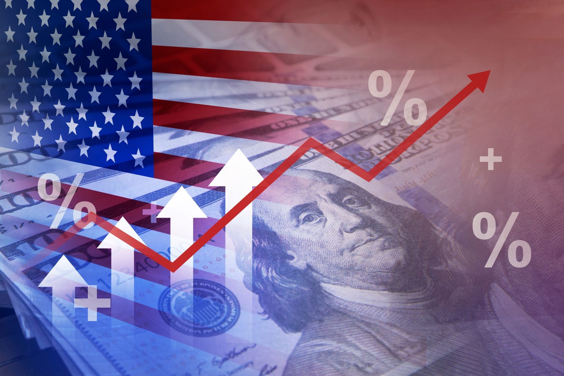 Drapeau américain et argent avec un graphique à tendance ascendante, symbolisant la croissance économique.