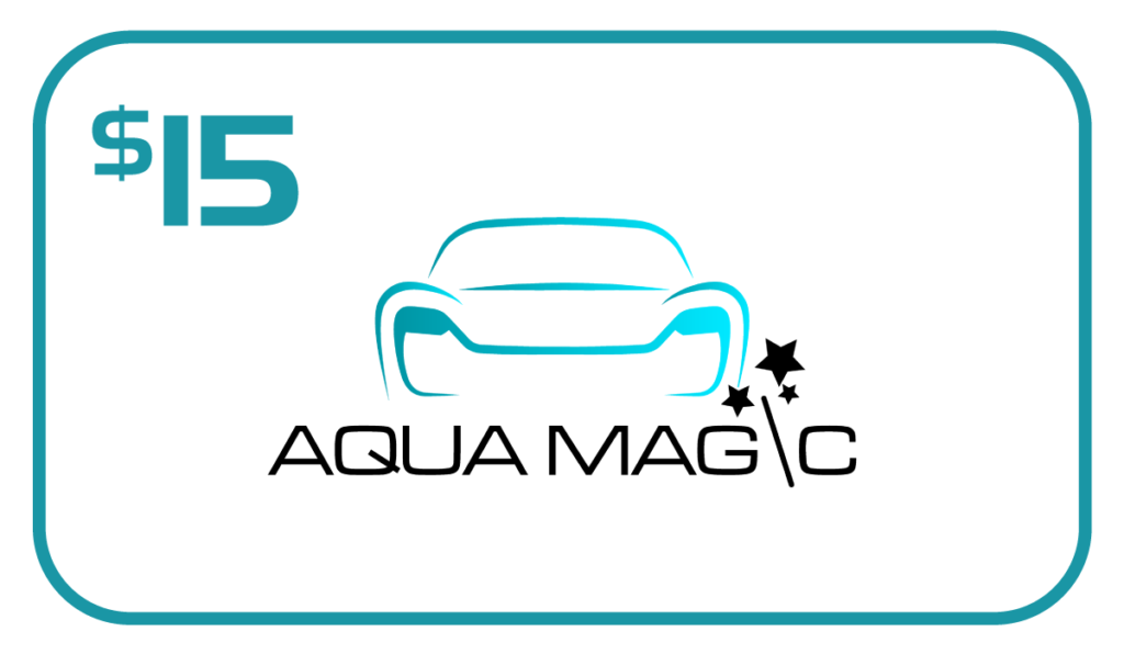 Aqua Magic car wash gift card for $15. Contains car logo and text in blue and black.