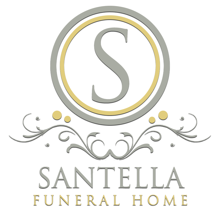 Santella Funeral Home logo with gold and gray monogram S and decorative swirls