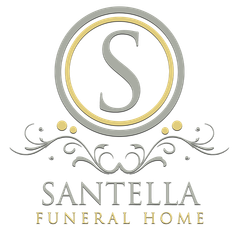 Santella Funeral Home logo with gold and gray monogram S and decorative swirls