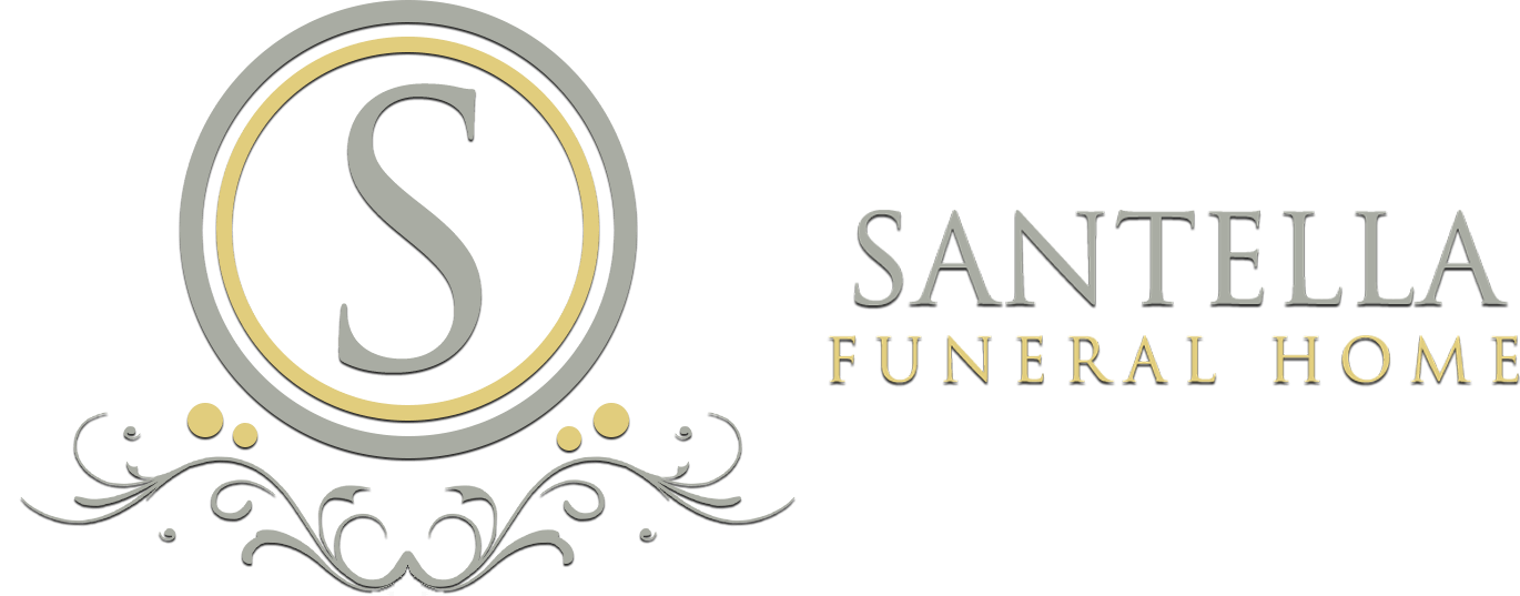Santella Funeral Home logo with gold and gray monogram S and decorative flourishes