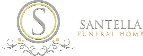 Santella Funeral Home logo with gold and gray monogram S and decorative flourishes