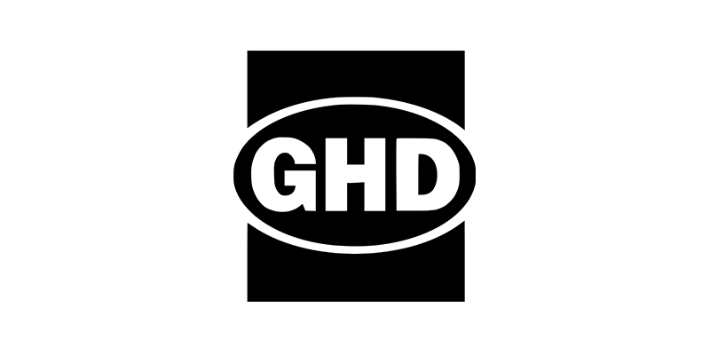 GHD logo in white on a black square background