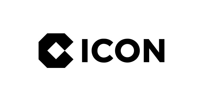 Black geometric logo with the word “ICON” in bold black letters on a white background