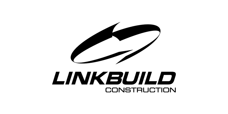 LINKBUILD Construction logo with stylized black swoosh above the company name