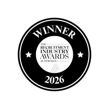 Black and white “Winner” award badge for The Recruitment Industry Awards Australia 2026