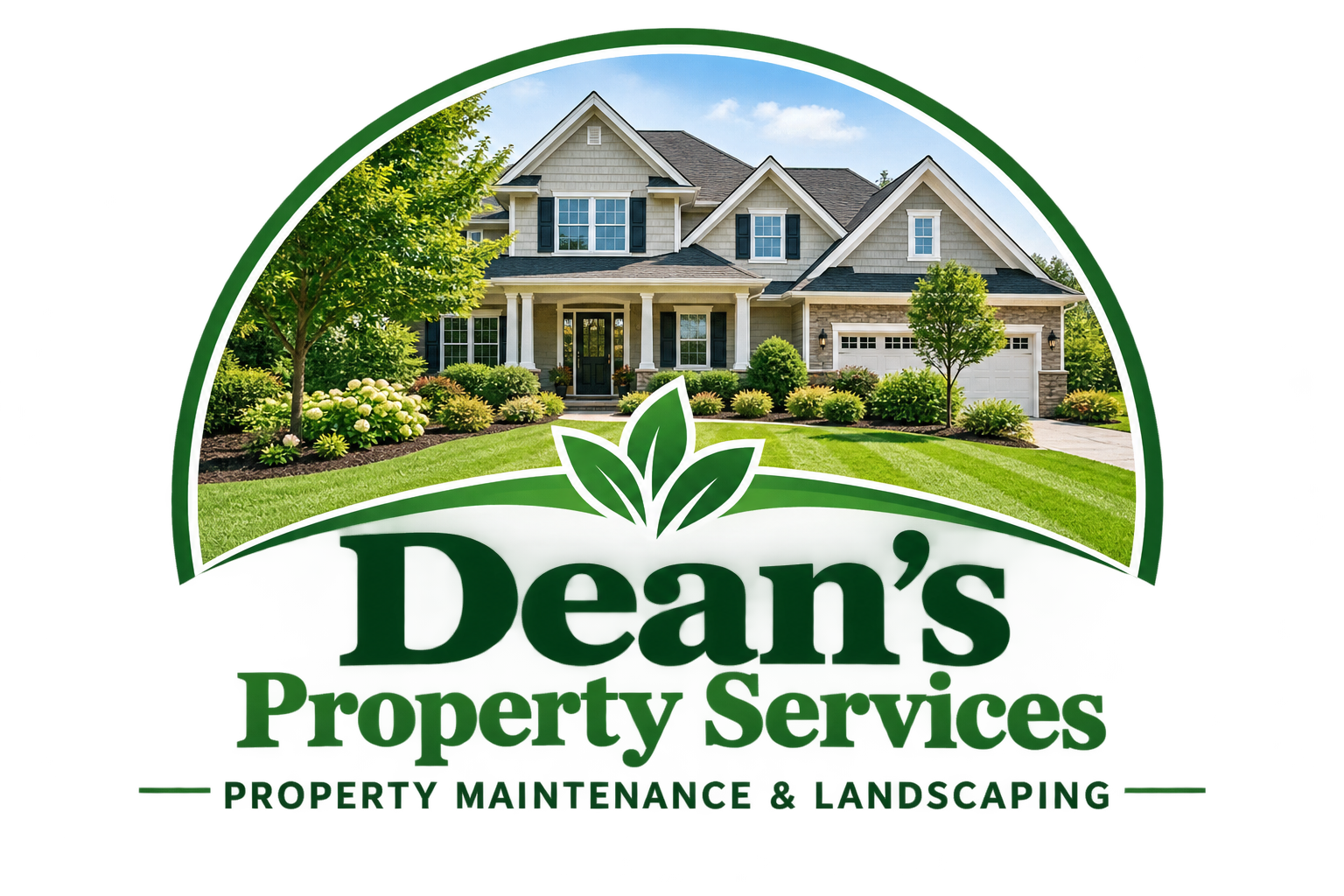 Dean’s Property Services logo with a house, green lawn, and the text “Property Maintenance & Landscaping”