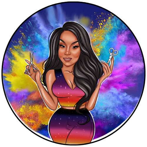 K9 Cosmetology Favicon graphic image of woman holding up scissors with a rainbow background.