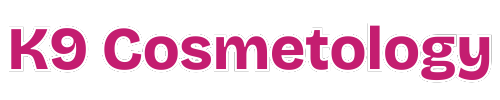 A pink and white logo for k9 cosmetology on a white background.