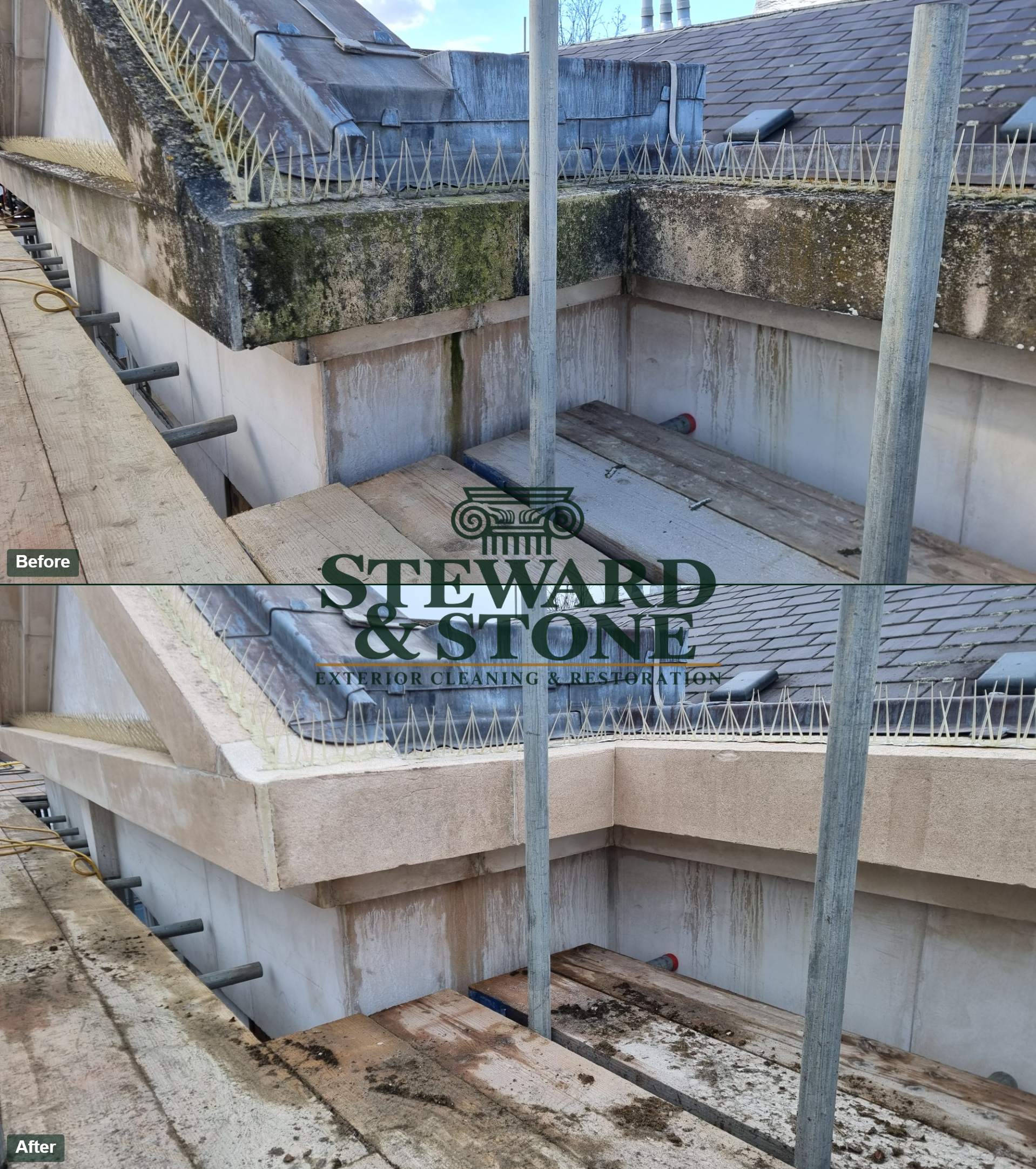 Before and after doff cleaning natural stone moss algae