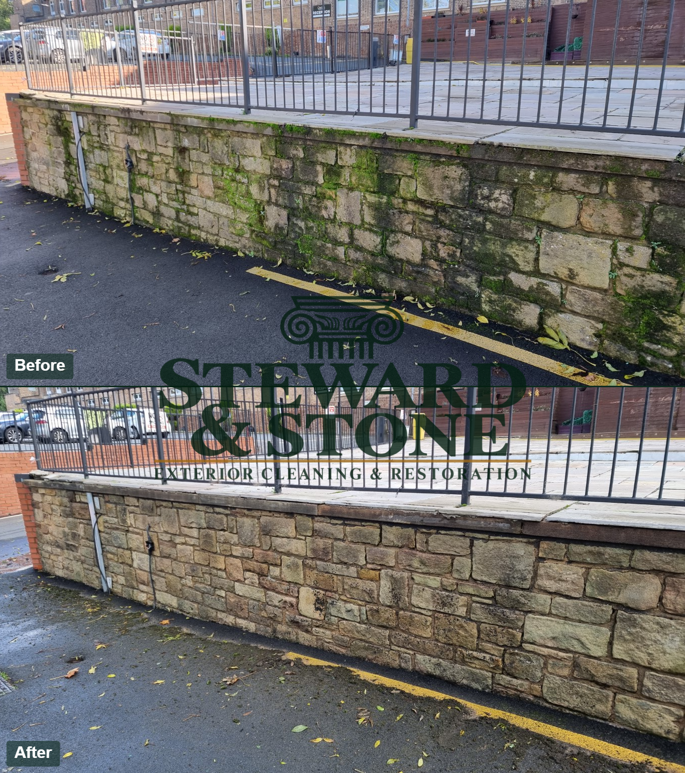 Before and after doff cleaning from natural stone wall