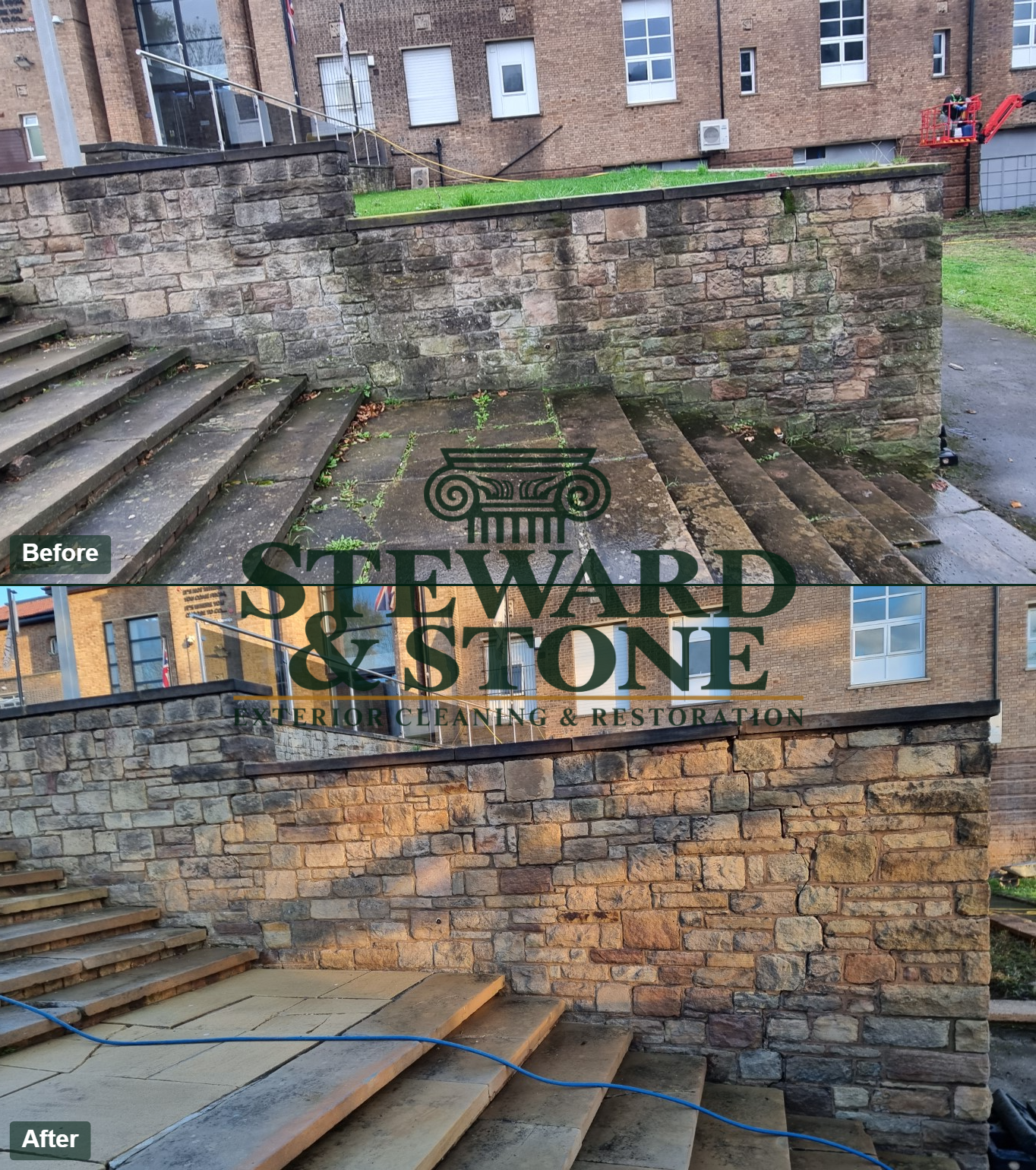 Before and after stone wall cleaning