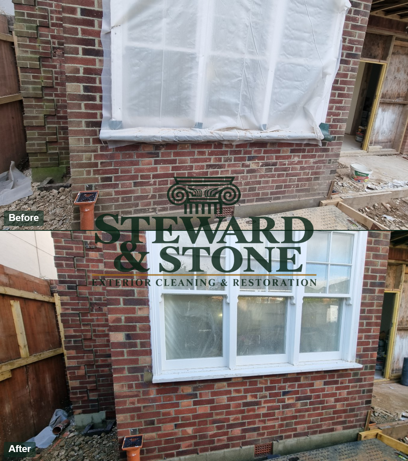 before and after doff cleaning on domestic brickwork