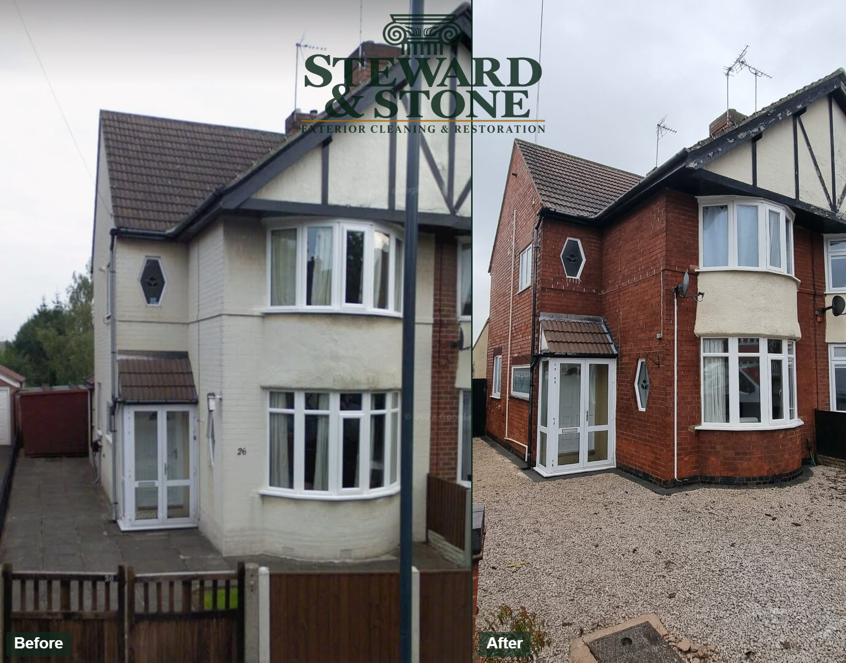 Before and after paint removal from end terrace house