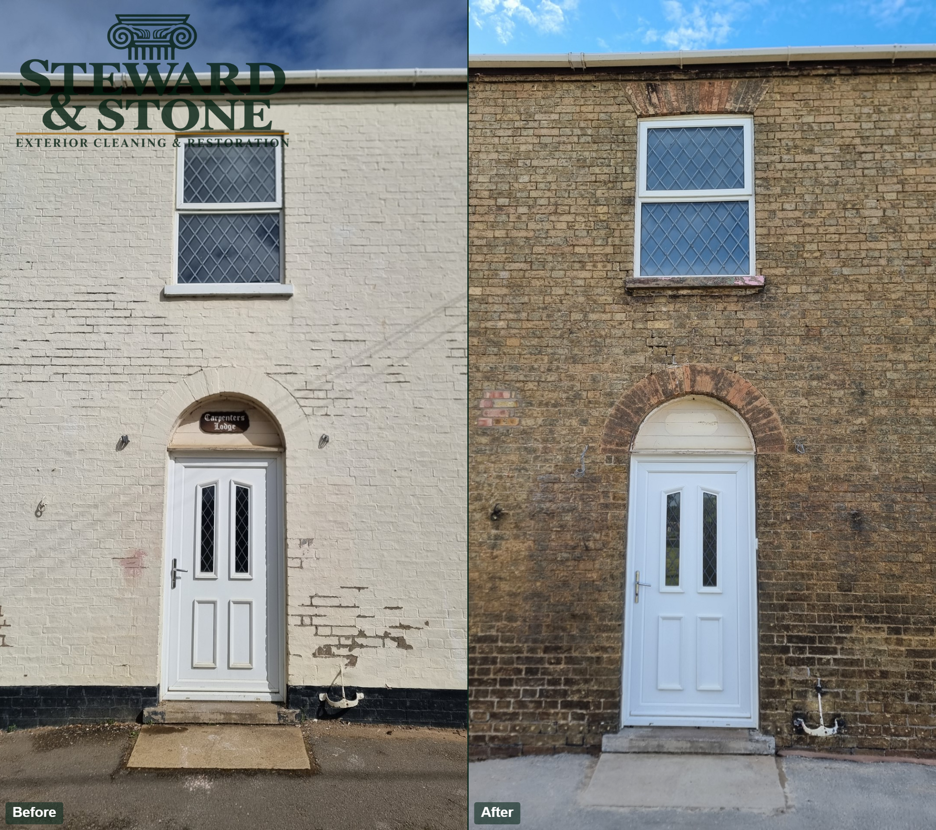 Before and after paint removal from pub brickwork