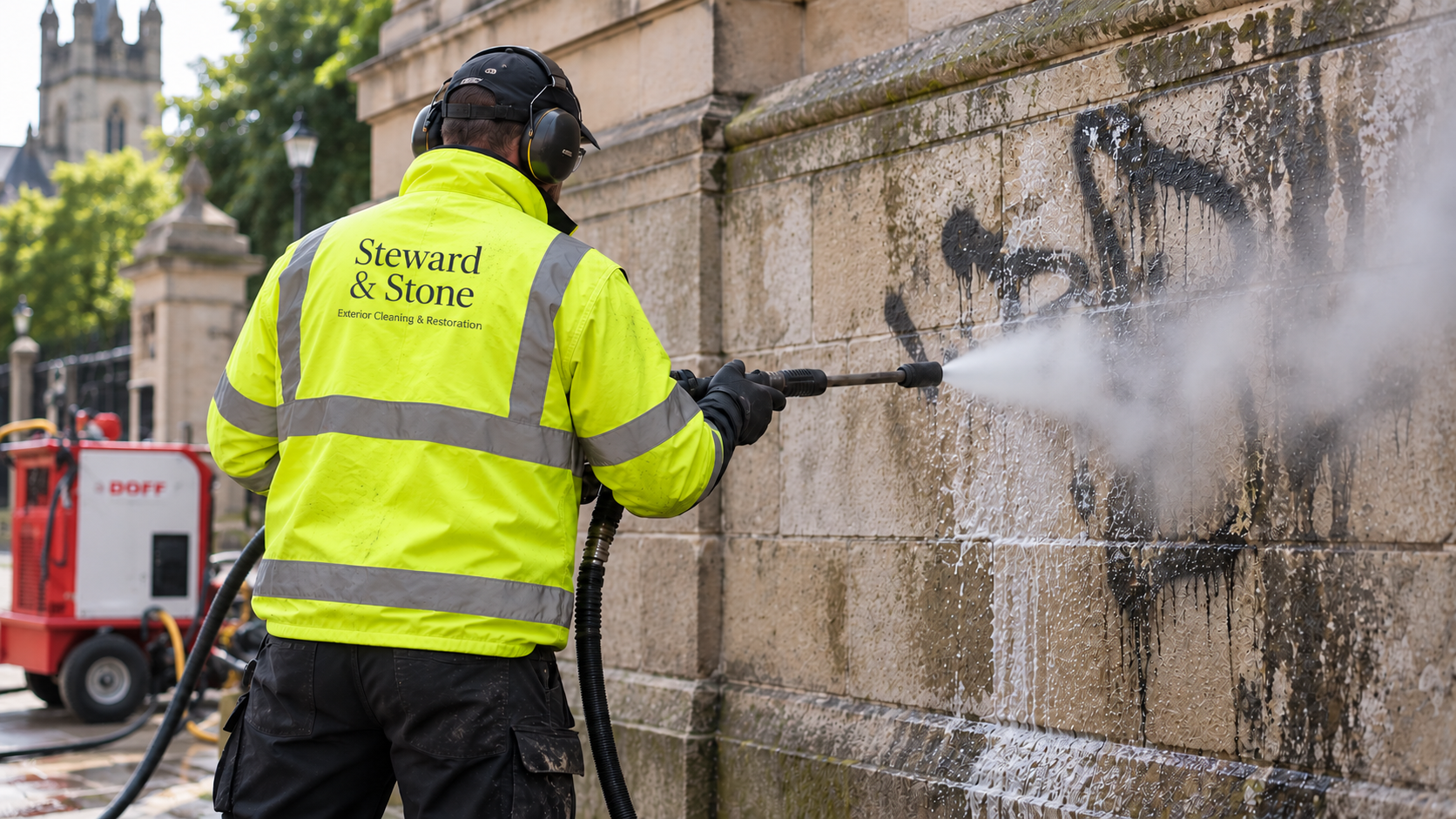worker cleaning natural stone using a doff integra machine