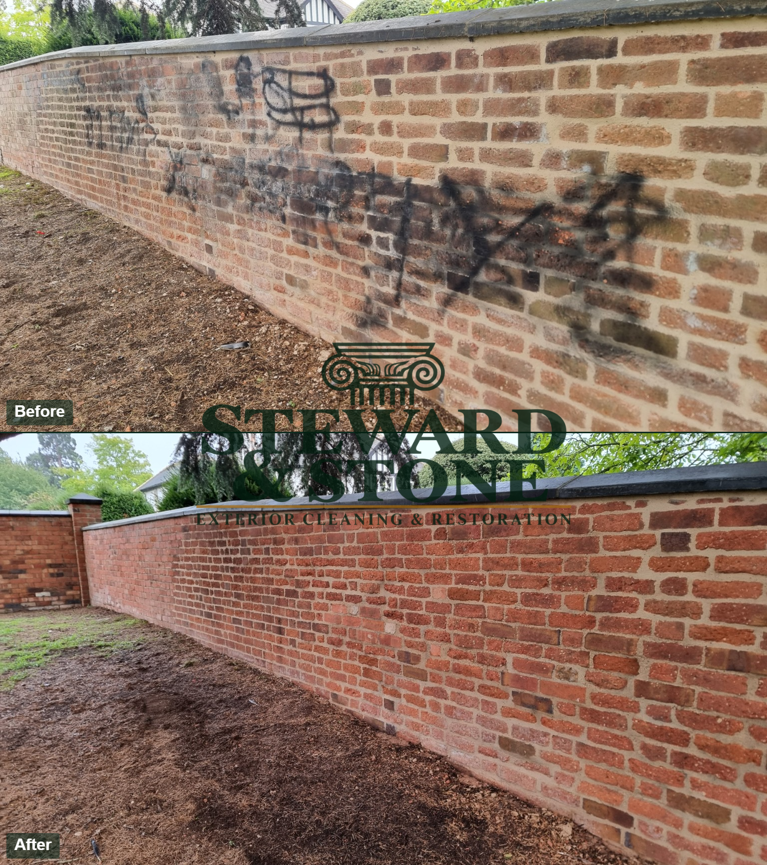 Graffiti on sensitive lime pointing brickwork wall