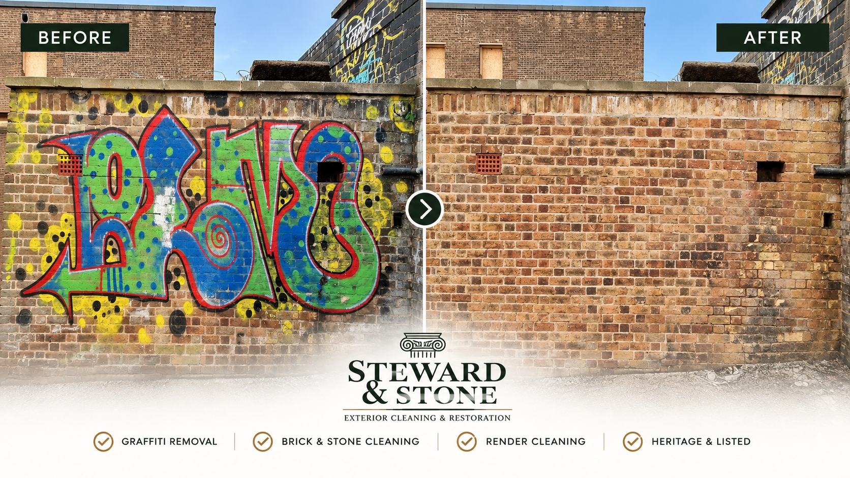 Before and after graffiti removal from brickwork