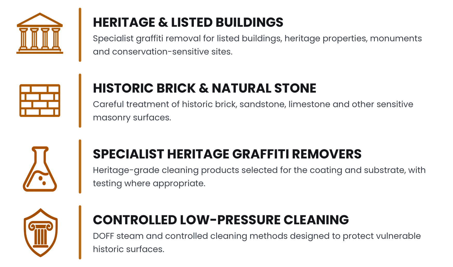 infographic showing heritage and listed buildings, historic brick and natural stone, Specialised heritage graffiti removal