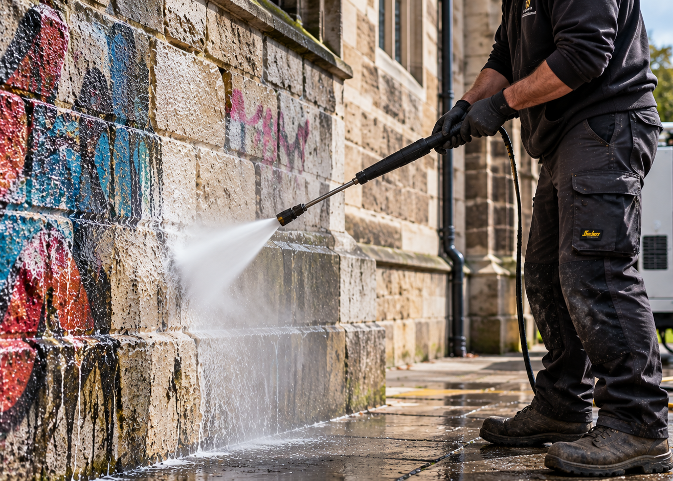 Worker removing graffiti with hot water washer