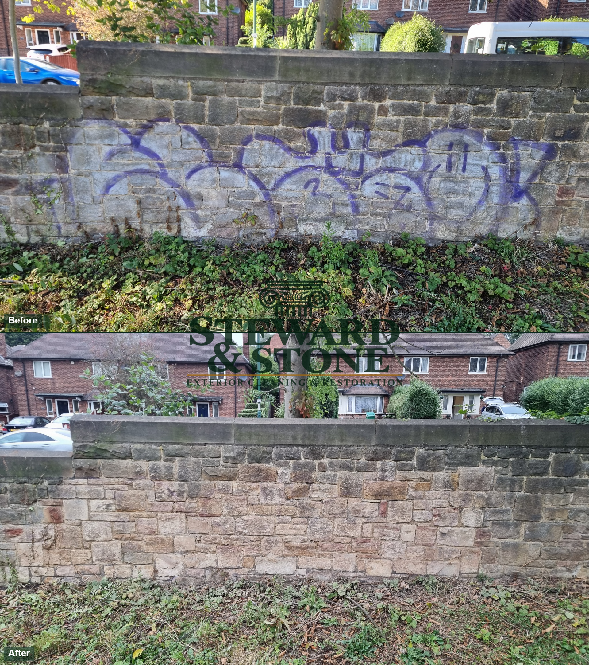 before and after graffiti clean from stone wall
