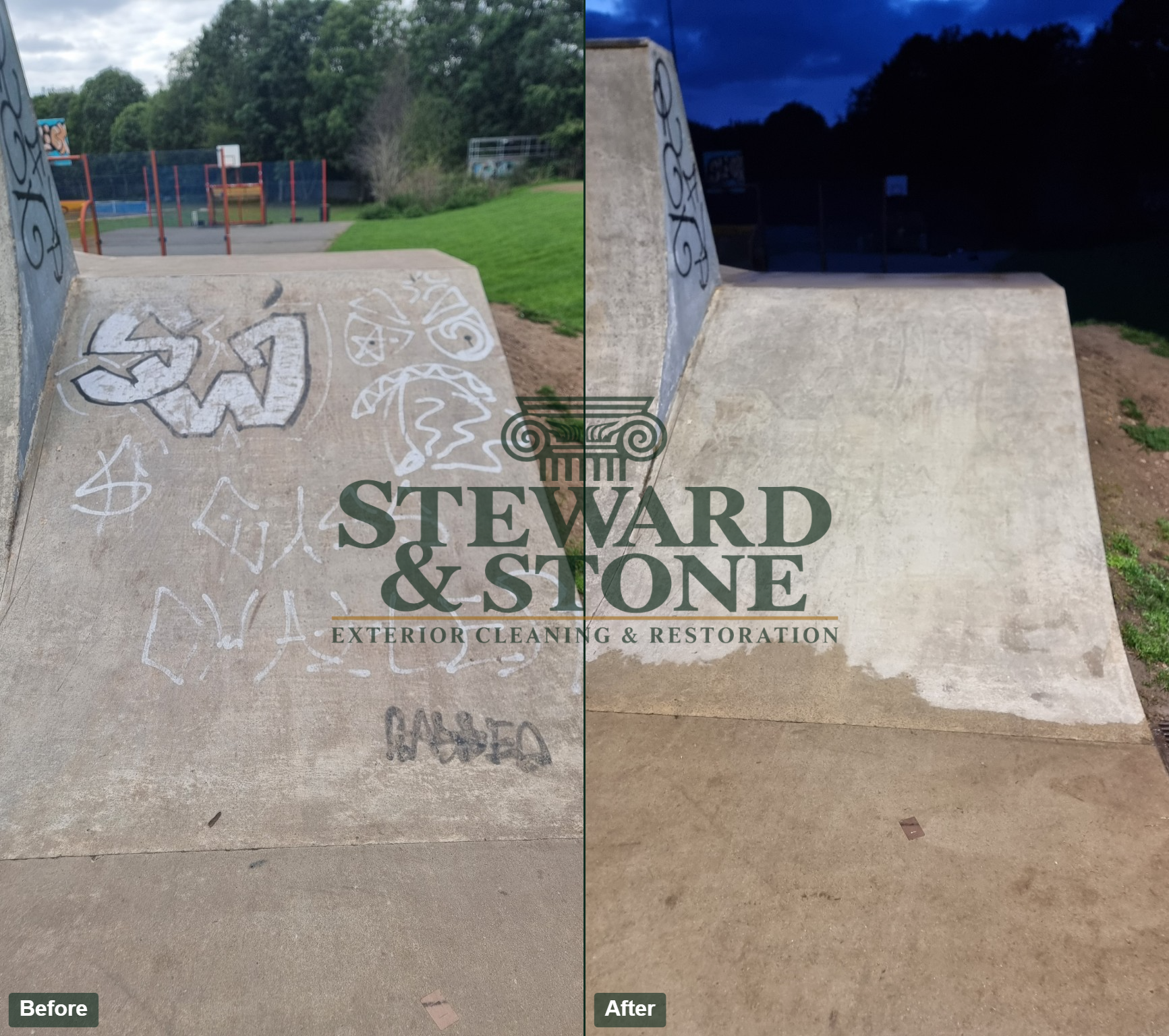 Before and after graffiti removal from concrete skate ramp