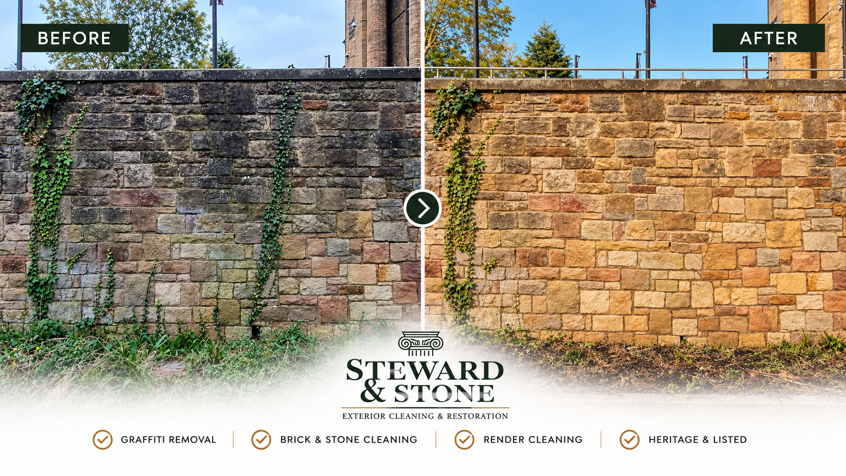 Before and after stone clean sandstone wall