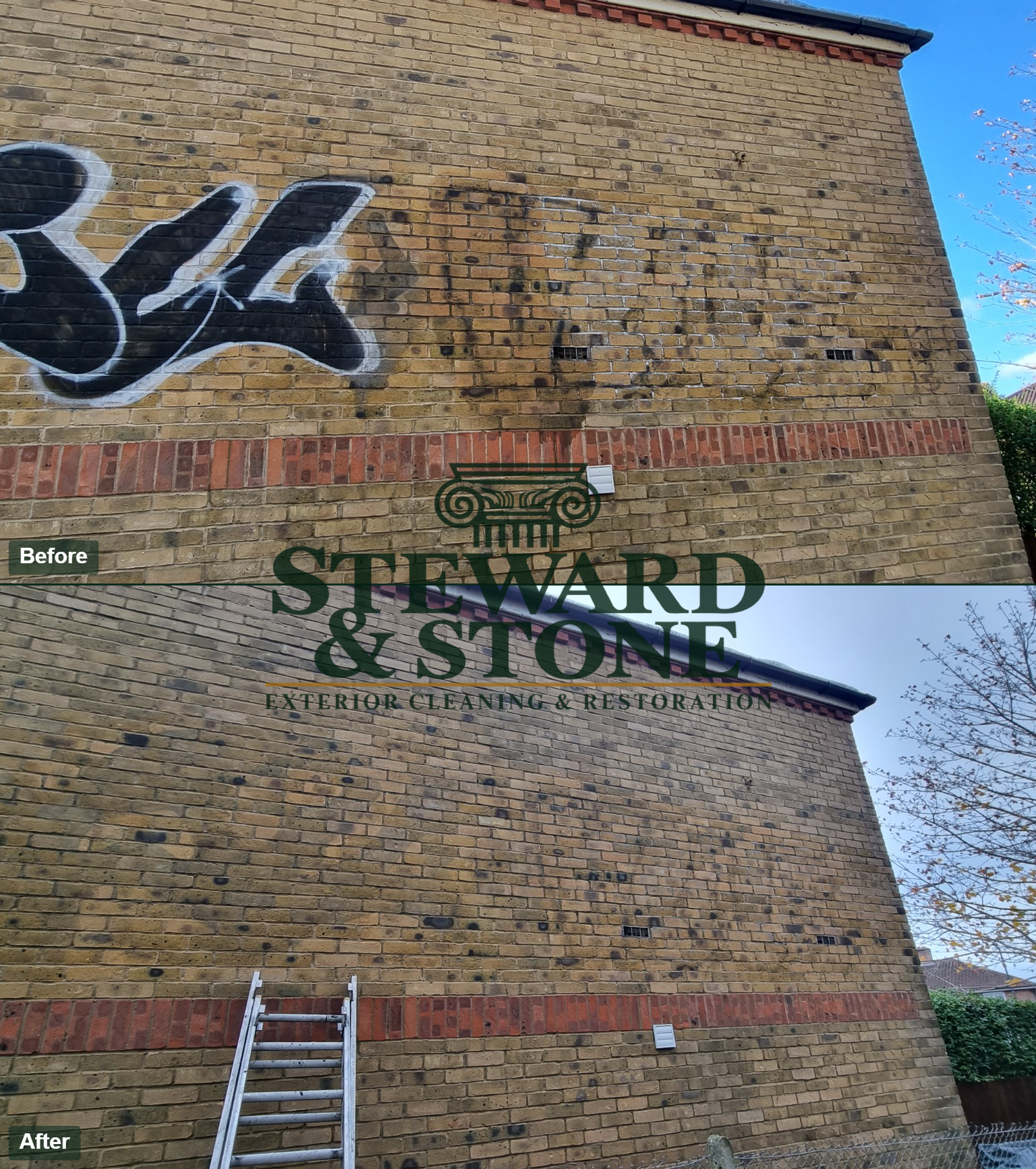 Before and after graffiti removal from natural stone wall