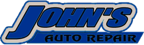 Blue and black John&rsquo;s Auto Repair logo with a wrench integrated into the &ldquo;J&rdquo; on a light background