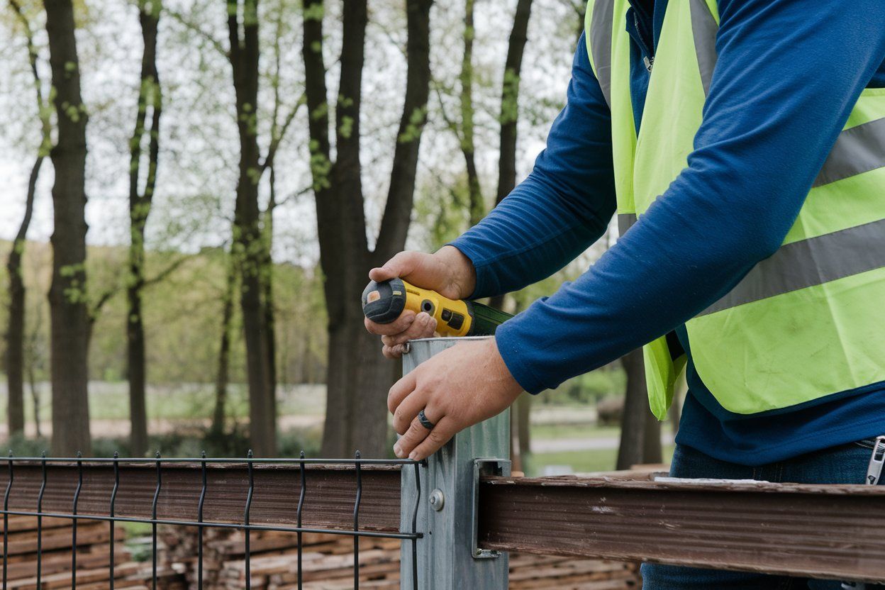 A man in a yellow vest is working on a fence with a drill.