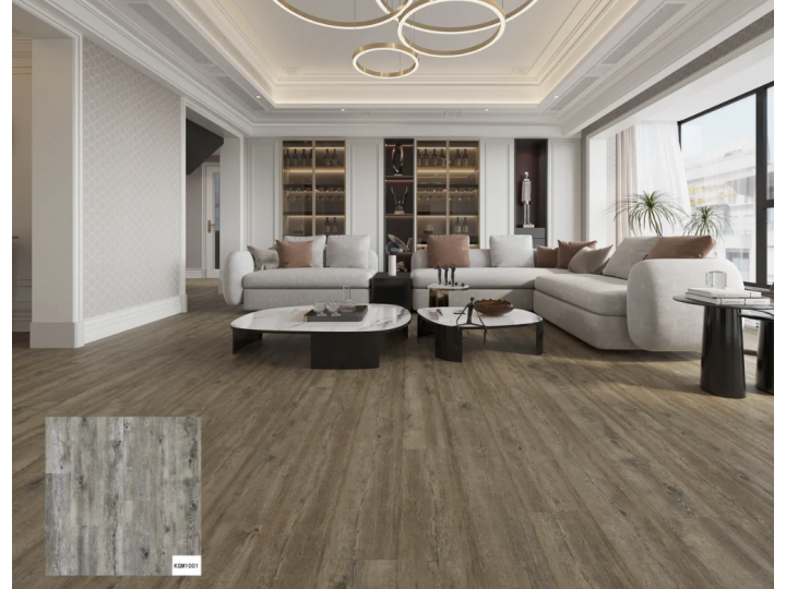 Living room with gray wooden-look tile floor, large white sofa, modern coffee table, and built-in shelving.