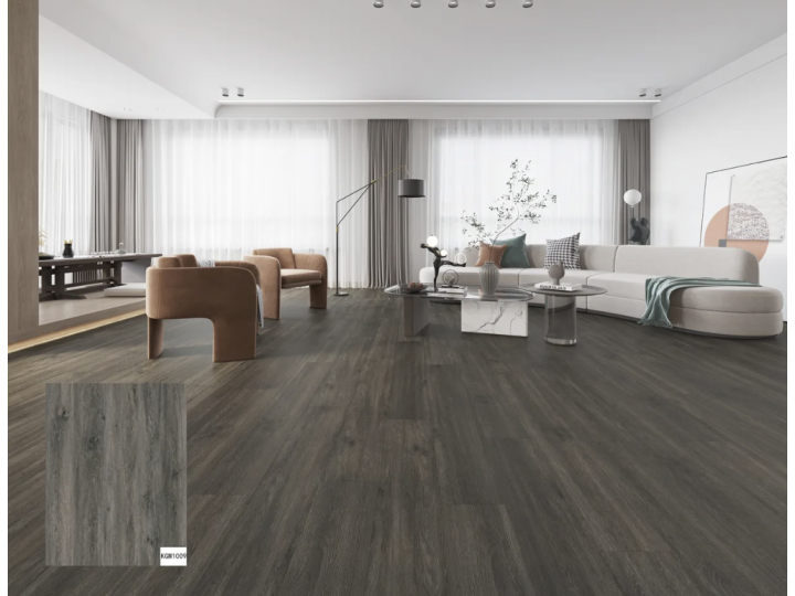 Living room with dark wood-look floor tiles, white walls, and light-colored furniture.