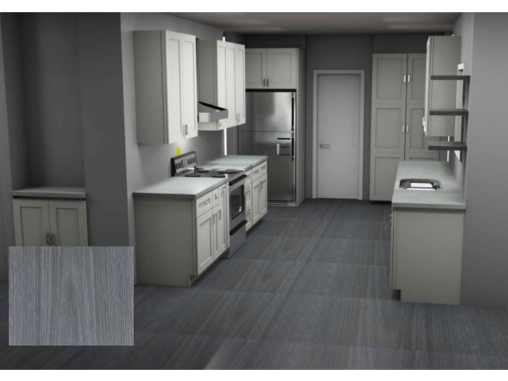 Kitchen with white cabinets, stainless steel appliances, and gray flooring.