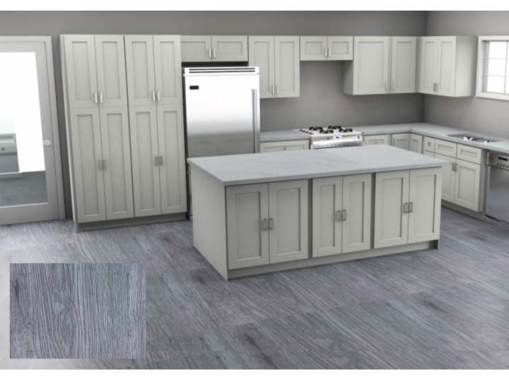 Gray-toned kitchen with island, cabinets, and stainless steel appliances. Gray wood-look flooring.