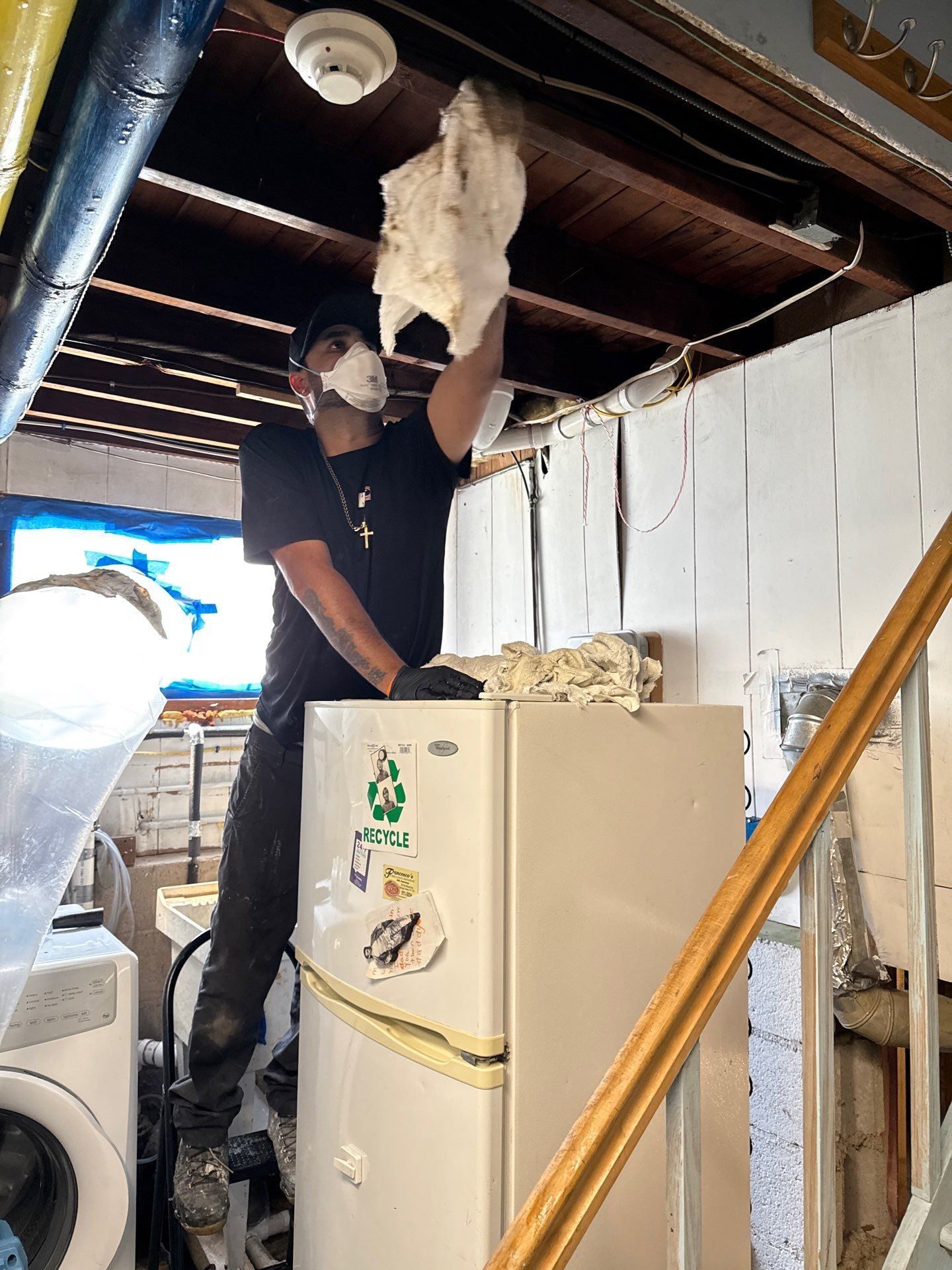cleaning mold from floor joists at a home in Melville New York