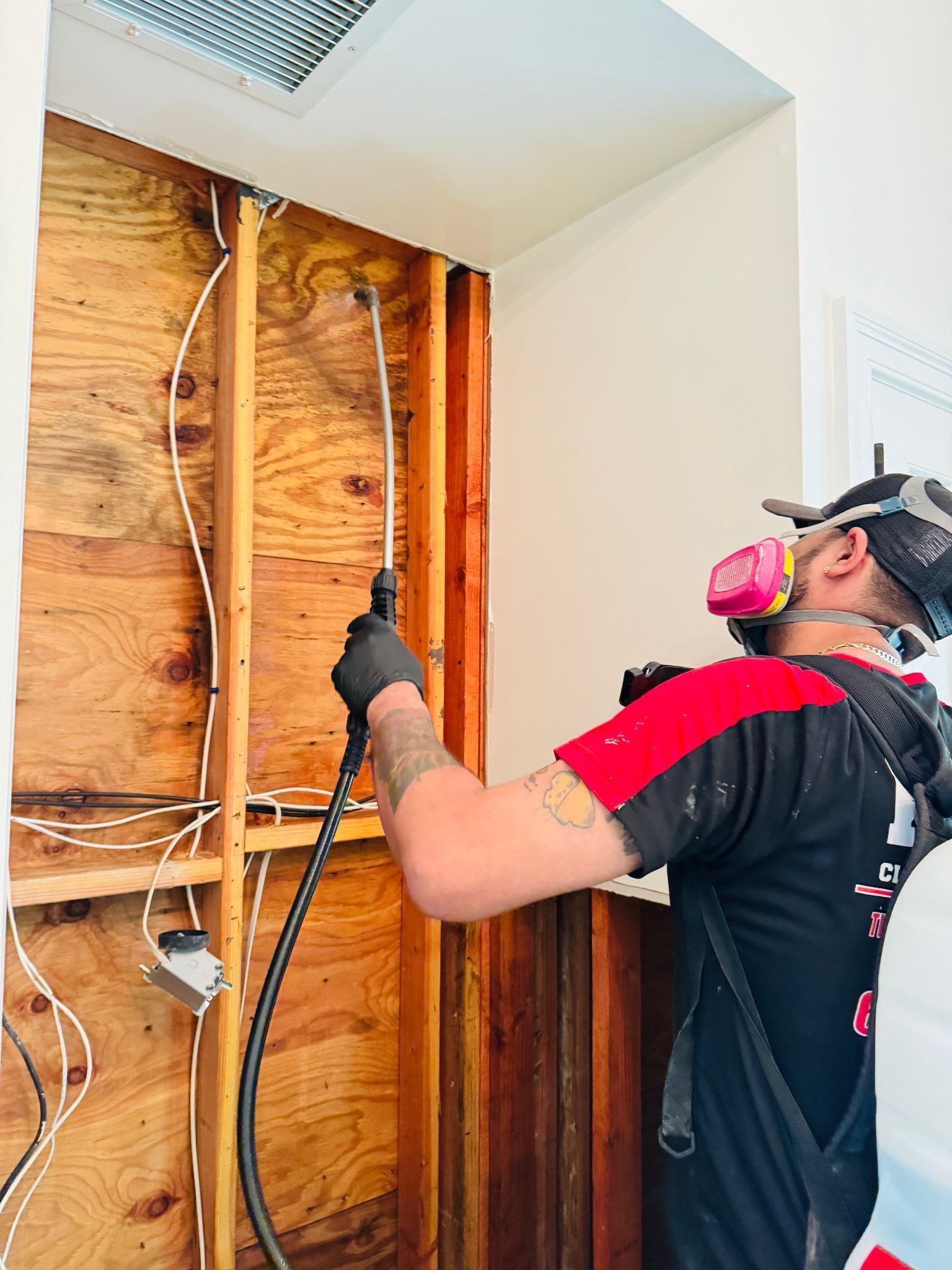 Mold spore infestation spraying using IICRC mold remediation standards at a home on Long Island.