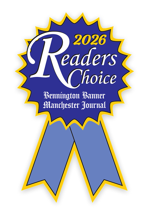 2026 Readers' Choice award ribbon badge in blue and gold for Bennington Banner and Manchester Journal