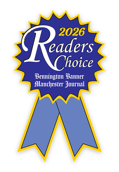 2026 Readers’ Choice award badge in blue and gold for Bennington Banner and Manchester Journal
