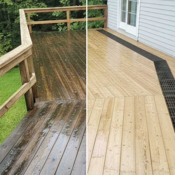 Before-and-after view of a wooden deck restoration, with dark weathered boards beside a newly light-stained deck.