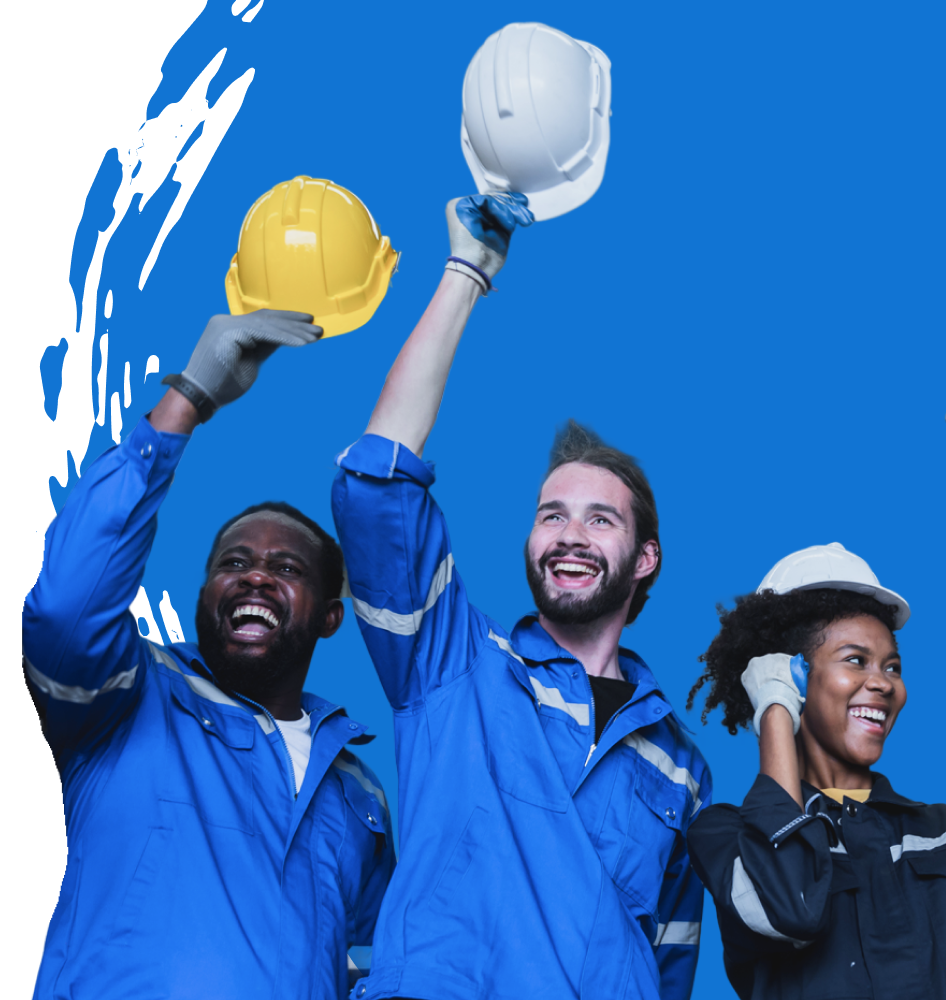 Three workers in blue uniforms hold up hard hats against a blue background.