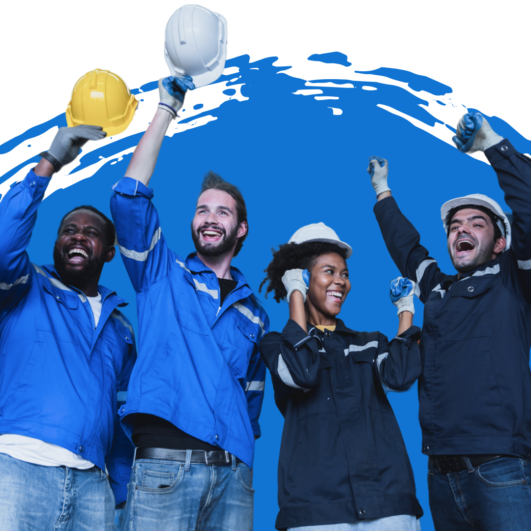 Team of workers in blue jackets cheering and raising hard hats against a blue paint-splash background