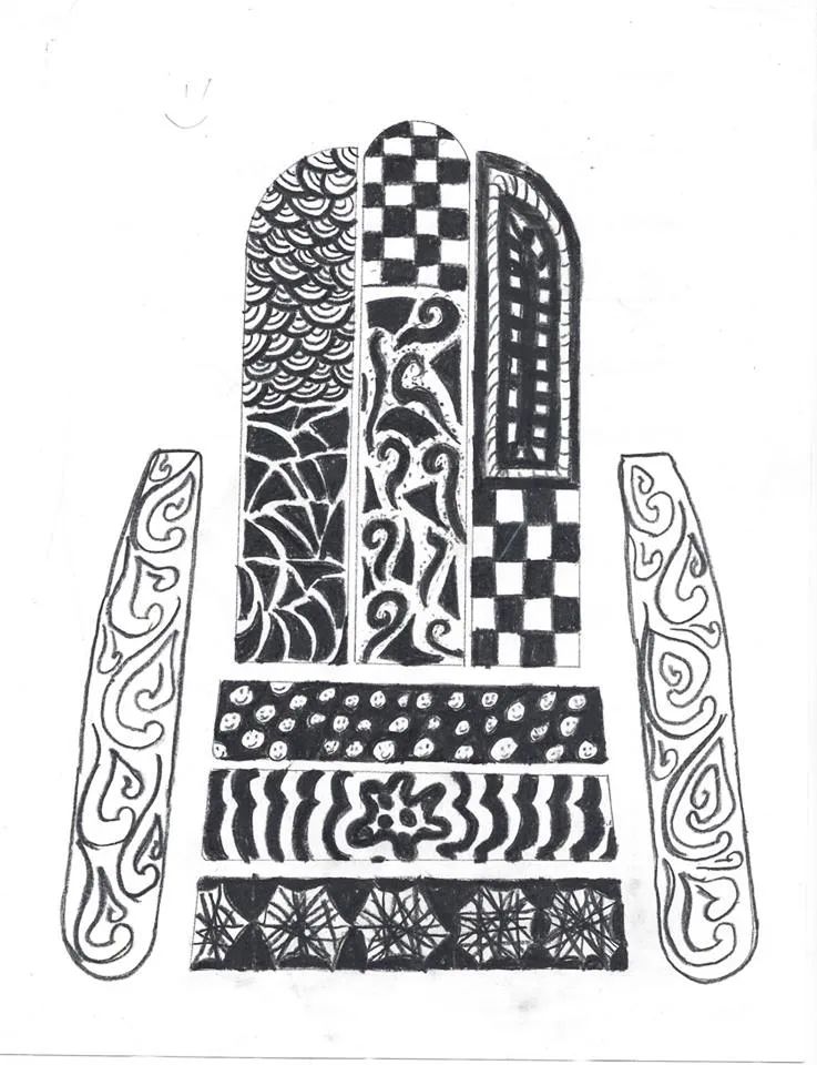 Black-and-white decorative drawing of a patterned throne or chair with two ornate side pieces.